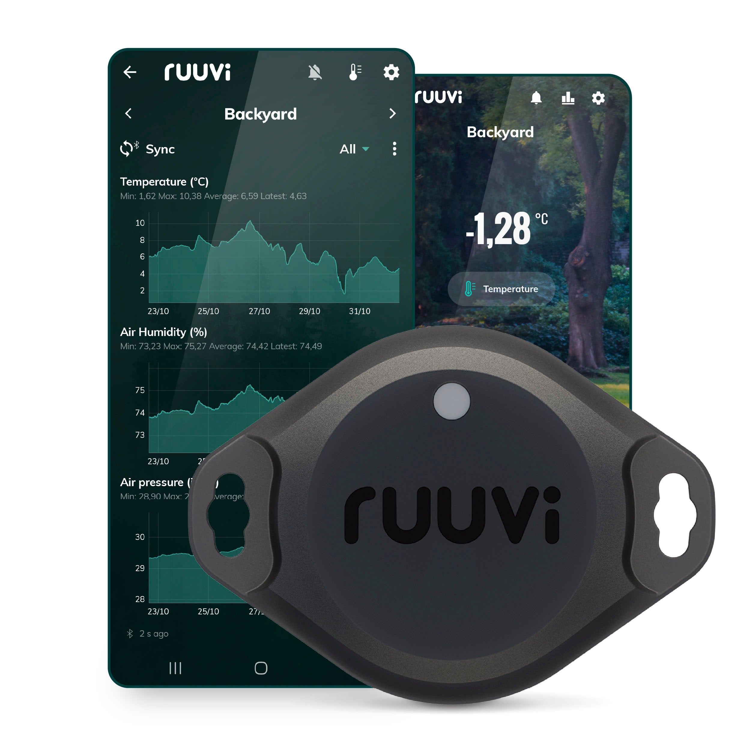 RuuviTag Pro 4-in-1 sensor with Ruuvi Station app showing live readings