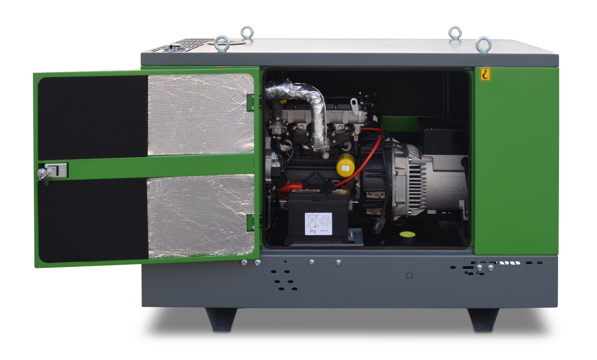 ENERGY EY-20P with service doors open showing Perkins engine and alternator