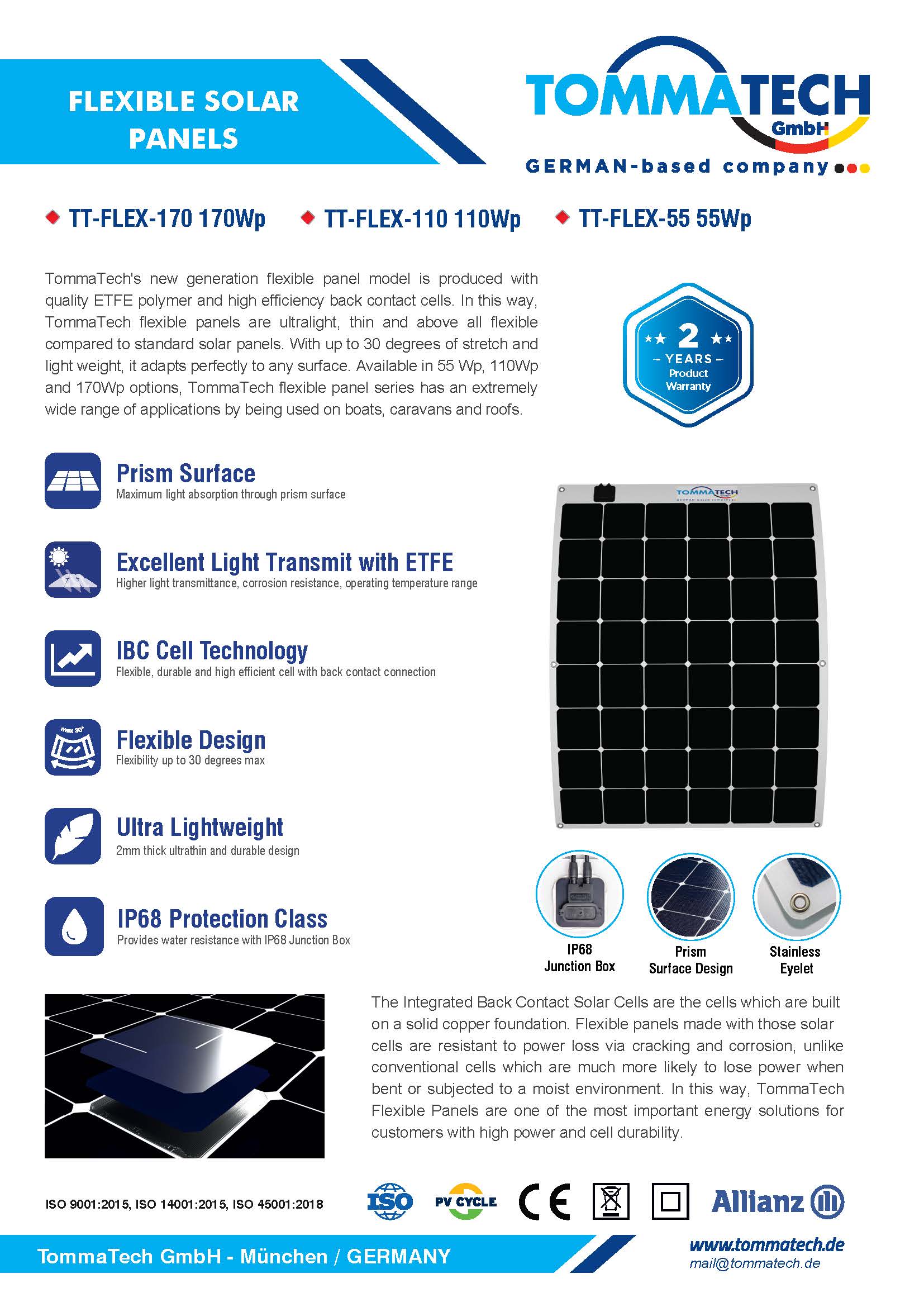TommaTech® 110Wp Flexible Solar Panel 110w 1154 x 555mm - Euromotive Energy Ltd
