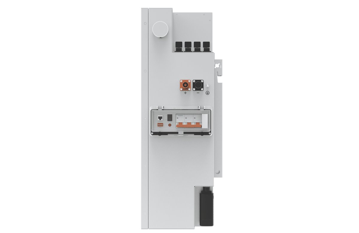 Pytes V16 side view - breaker, plug & play DC connectors and comms ports
