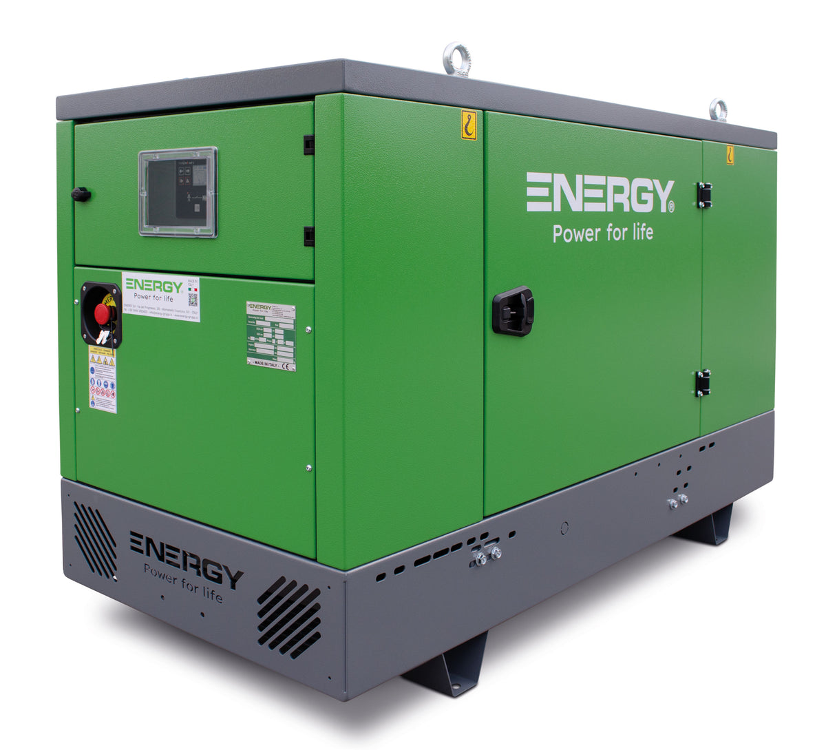 ENERGY EY-20P-SA silent diesel generator with automatic (AMF) control panel, front three-quarter view