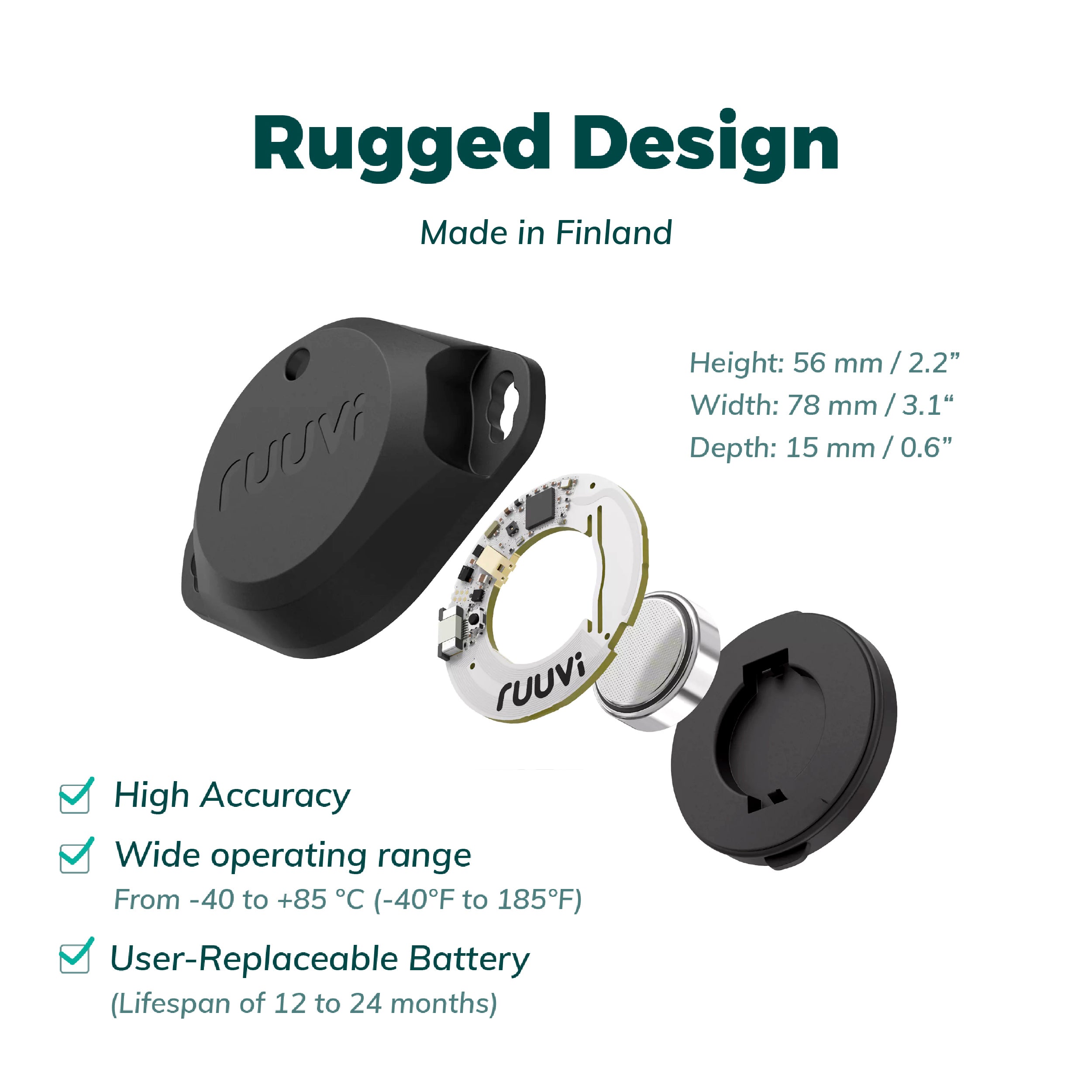 RuuviTag Pro features: temperature, humidity, pressure, motion, IP67