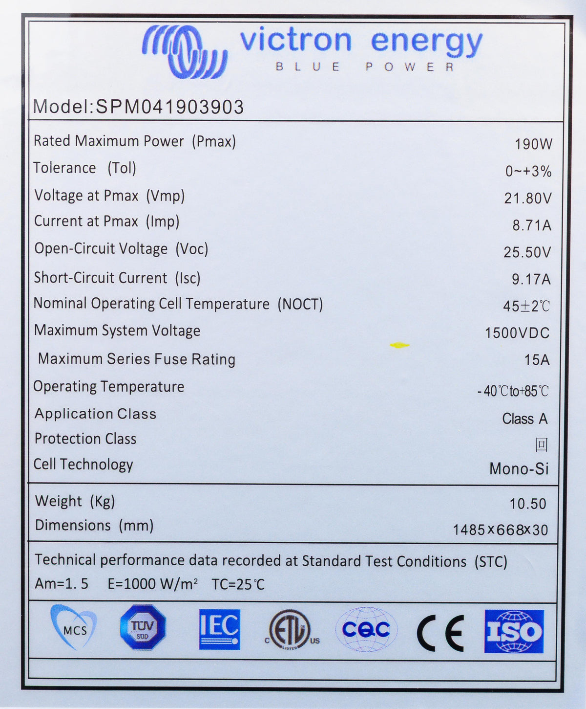 Victron BlueSolar 190W mono solar panel series 4c rear