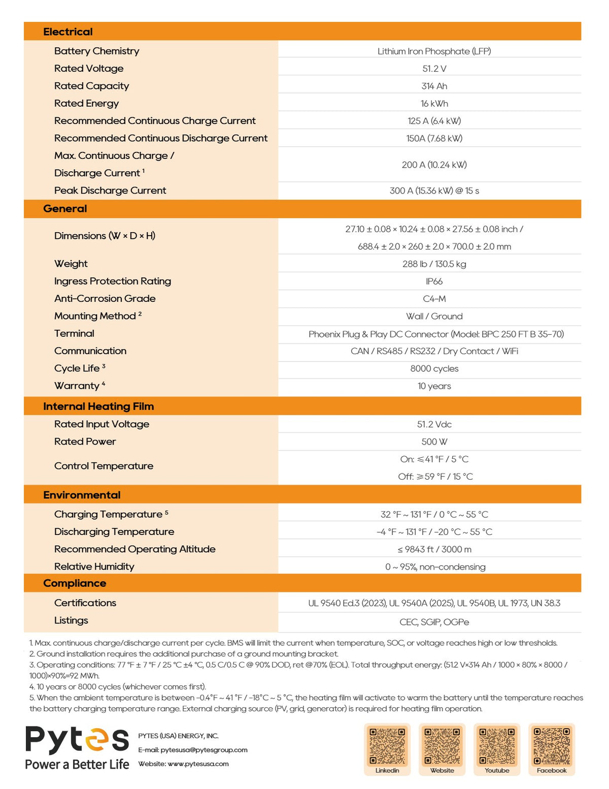Pytes V16 datasheet page 2 - technical specifications